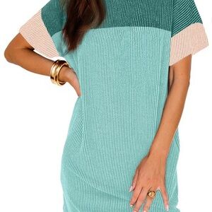 Stylish Teal and Cream Ribbed Dress